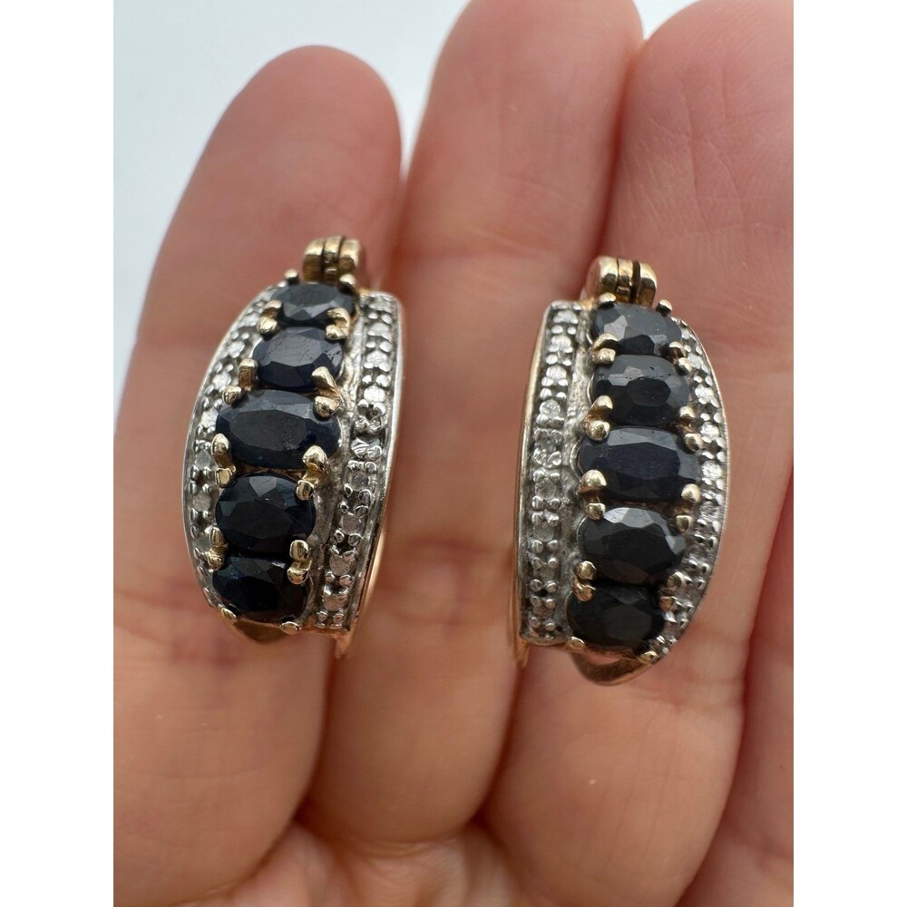 Ross Simons gold over 925 sterling silver genuine sapphire diamond hoop Earrings